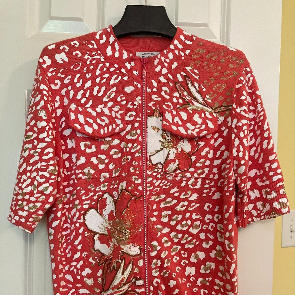 Just B Sweater Floral Cardigan w/ Rhinestones Zipper